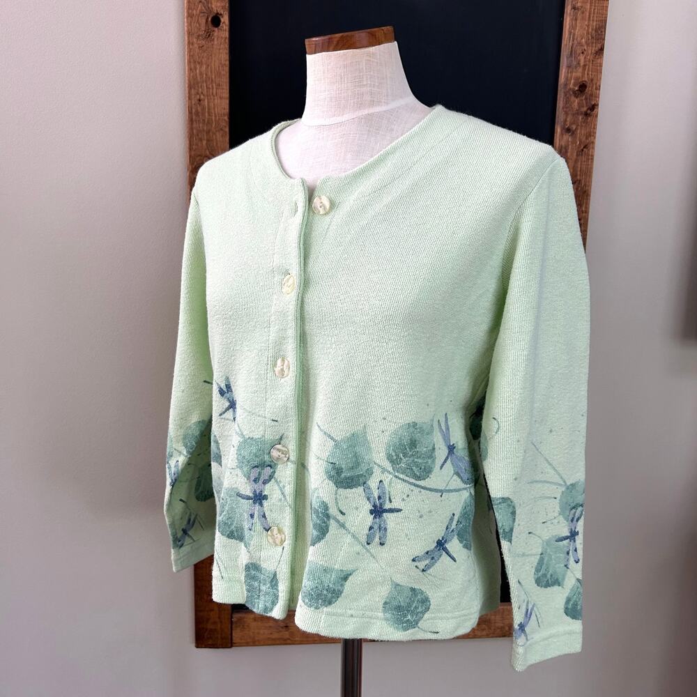 Vtg Artisans Screen Print Dragonfly Cardigan S Sage Green Botanical USA Cotton - Picture 3 of 10